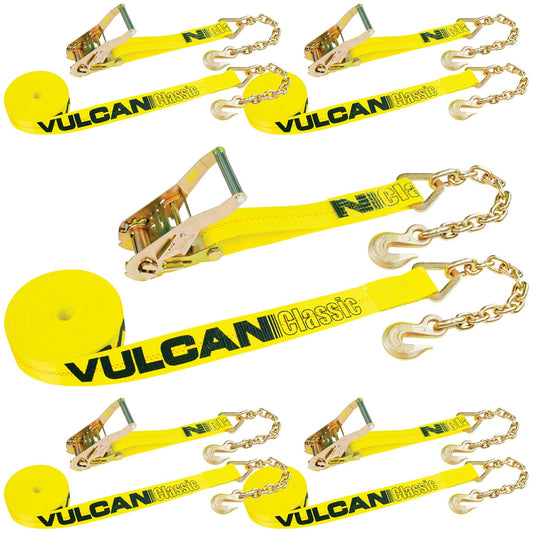 VULCAN Ratchet Strap with Chain Anchors - Classic Yellow - 2 Inch x 27 Foot - Case of 5 - 3,600 Pound Safe Working Load