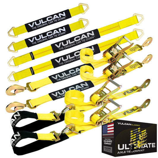 VULCAN Ultimate Axle Tie Down Kit - Classic Yellow Webbing - Includes (2) 22 Inch And (2) 36 Inch Axle Straps, (2) 96 Inch Snap Hook Ratchet Strap, And (2) 112 Inch Loop Tie Down Combinations