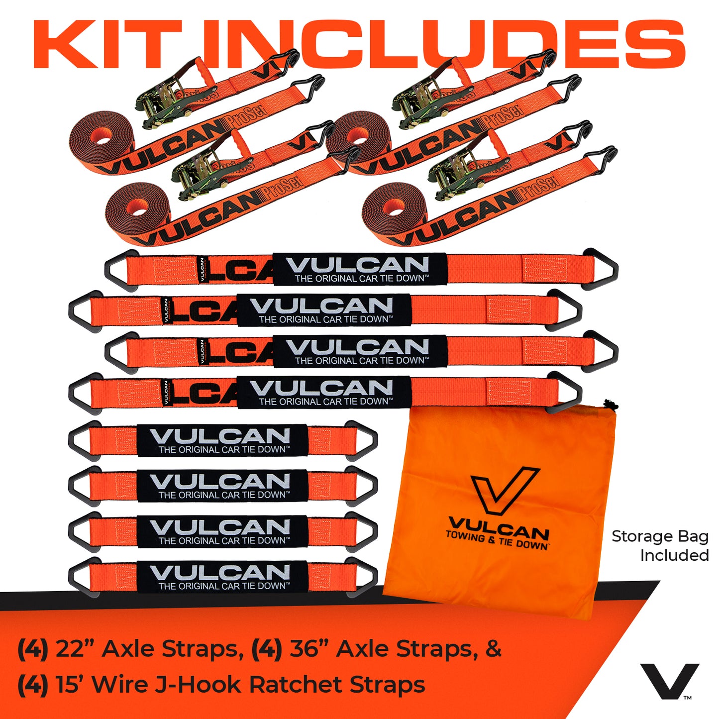 VULCAN Complete Axle Strap Tie Down Kit with Wire Hook Ratchet Straps - PROSeries - Includes (4) 22 Inch Axle Straps, (4) 36 Inch Axle Straps, and (4) 15' Wire J Hook Ratchet Straps