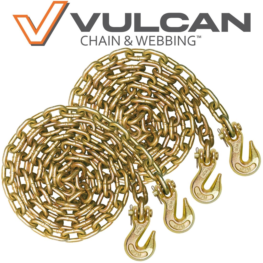 VULCAN Binder Chain with Clevis Grab Hooks - Grade 70 - 3/8 Inch x 20 Foot - 2 Pack - 6,600 Pound Safe Working Load