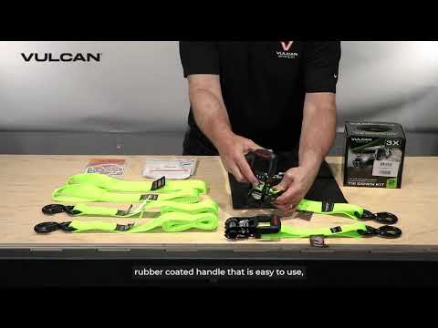 VULCAN Ratchet Strap Tie Down Kit - 1.6" x 8' - 3X Stronger Than 1" Tie Downs - Green - (2) Ratchets With Rubber Handles, (2) 8' Straps With Latching S-Hooks, (2) Soft Loop Tie-Down Extensions