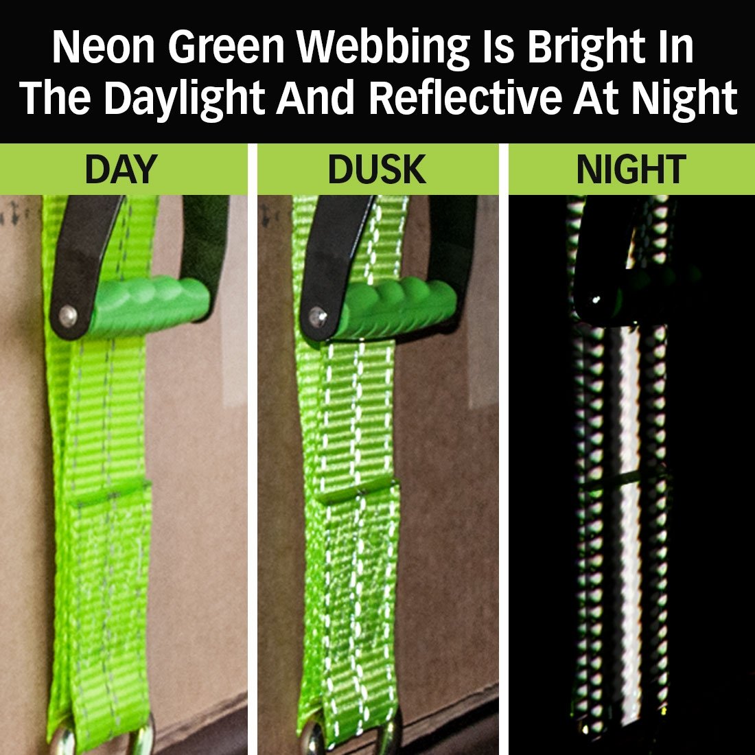 VULCAN 2 Inch Wide Handle Ratchet Buckle with Webbing and Flat Hook - High-Viz - 3,300 Pound Safe Working Load