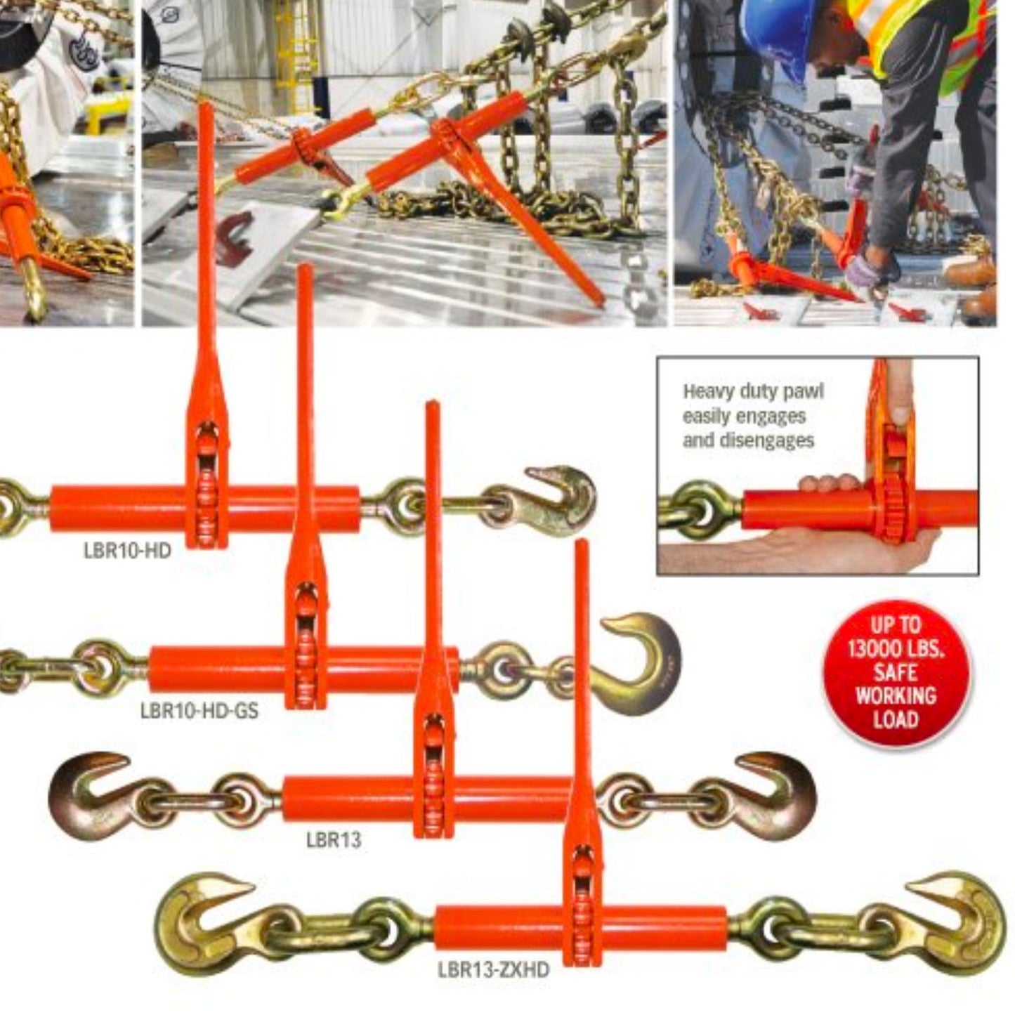 VULCAN Load Binder with 2 Grab Hooks - Ratchet Style - 7100 Pound Safe Working Load (Works with 5/16 Inch or 3/8 Inch Grade 70 and Grade 80 Chain)