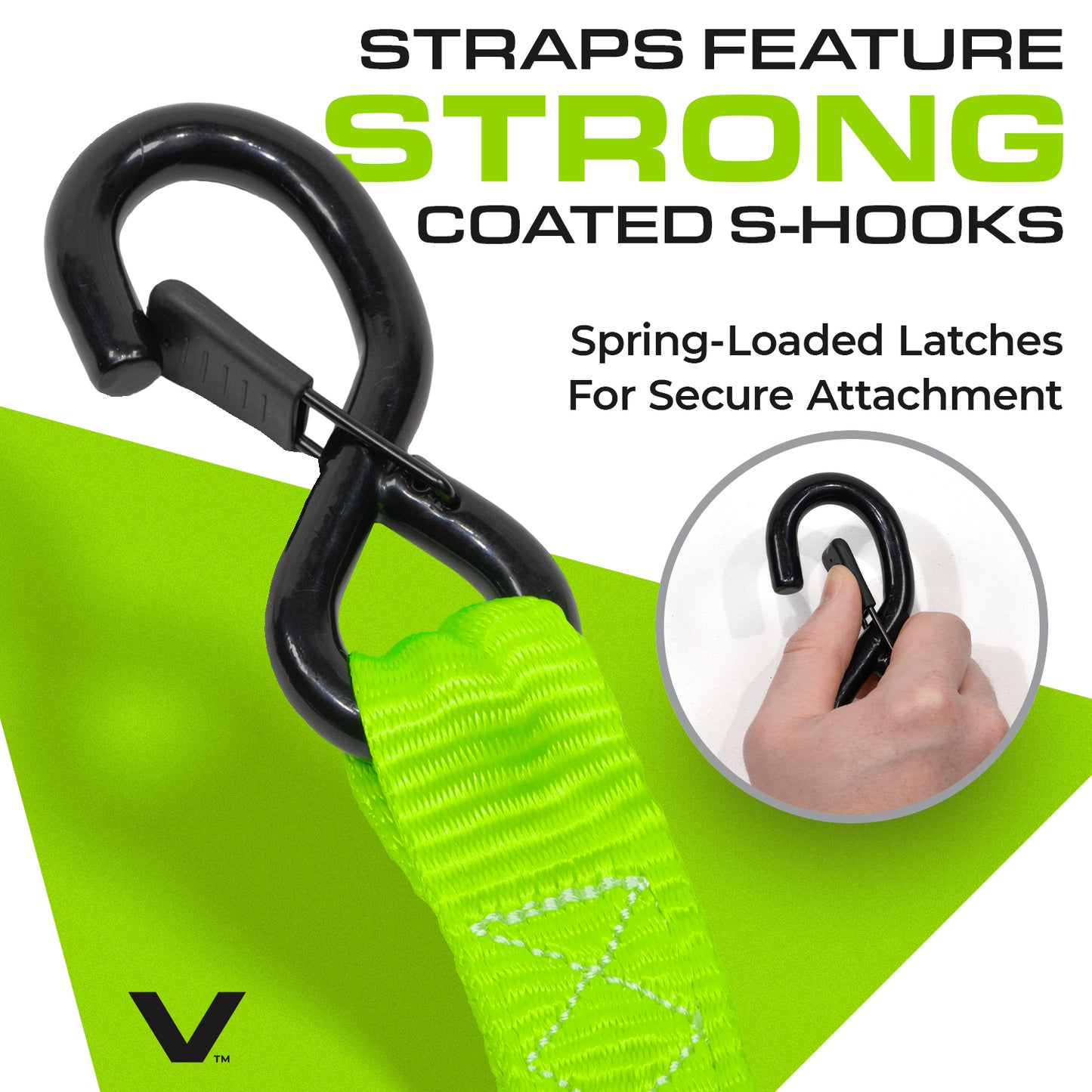 VULCAN Ratchet Strap Tie Down Kit - 1.6" x 8' - 3X Stronger Than 1" Tie Downs - Green - (4) Ratchets With Rubber Handles, (4) 8' Straps With Latching S-Hooks, (4) Soft Loop Tie-Down Extensions