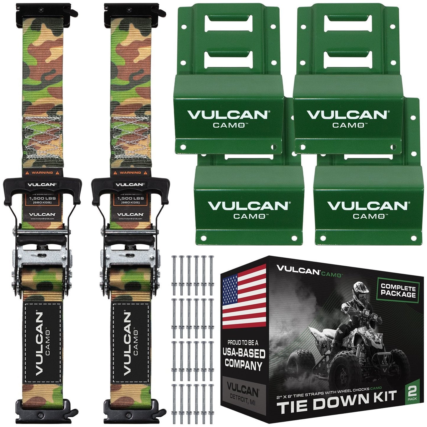 VULCAN Professional Grade Car, ATV, UTV, Off Road E-Track Tie Down Straps With Wheel Chocks – Over-The-Tire Style - 2 Inch x 96 Inch - 2 Pack – Webbing – 1,500 Pound Safe Working Load – Includes Mounting Hardware – Easy To Use