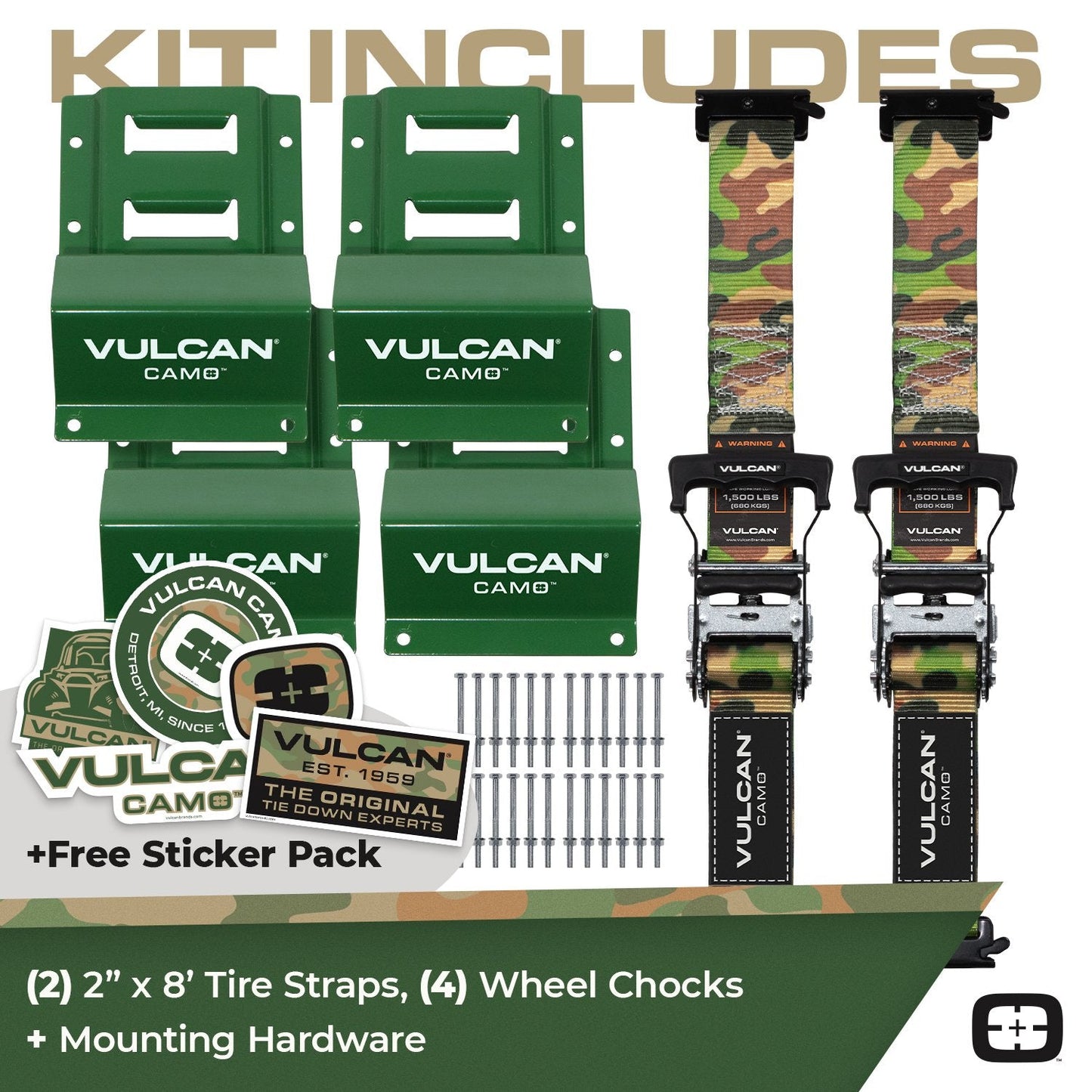 VULCAN Professional Grade Car, ATV, UTV, Off Road E-Track Tie Down Straps With Wheel Chocks – Over-The-Tire Style - 2 Inch x 96 Inch - 2 Pack – Webbing – 1,500 Pound Safe Working Load – Includes Mounting Hardware – Easy To Use