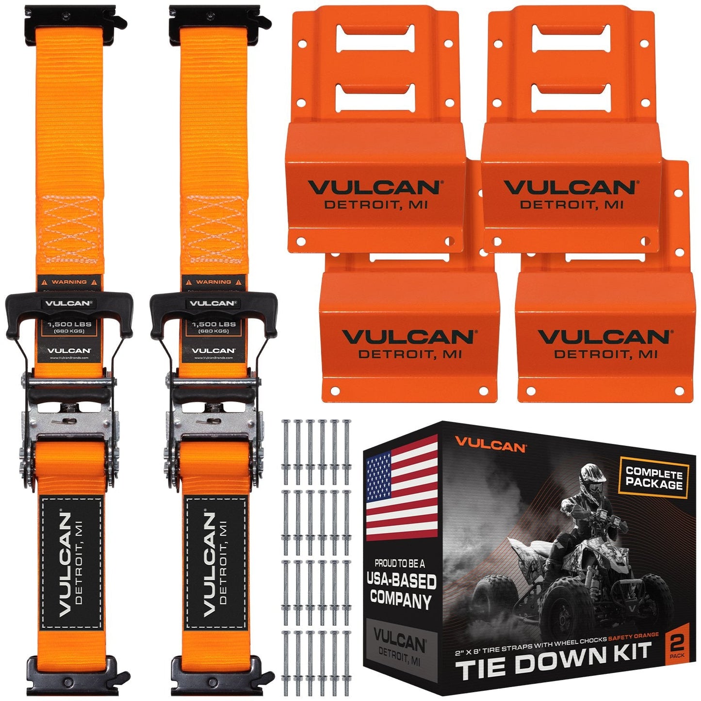 VULCAN Professional Grade Car, ATV, UTV, Off Road E-Track Tie Down Straps With Wheel Chocks – Over-The-Tire Style - 2 Inch x 96 Inch - 2 Pack – Webbing – 1,500 Pound Safe Working Load – Includes Mounting Hardware – Easy To Use