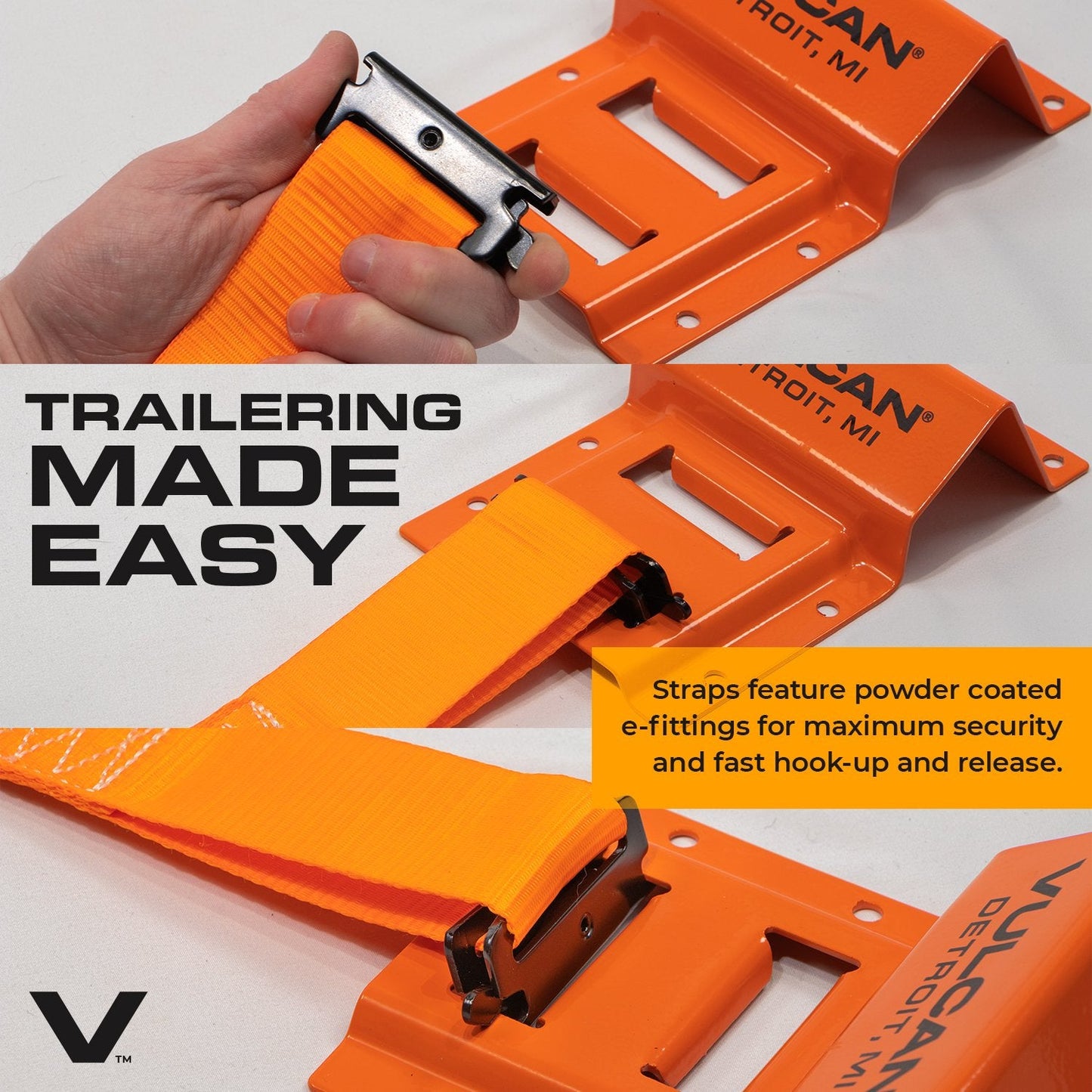 VULCAN Professional Grade Car, ATV, UTV, Off Road E-Track Tie Down Straps With Wheel Chocks – Over-The-Tire Style - 2 Inch x 96 Inch - 2 Pack – Webbing – 1,500 Pound Safe Working Load – Includes Mounting Hardware – Easy To Use