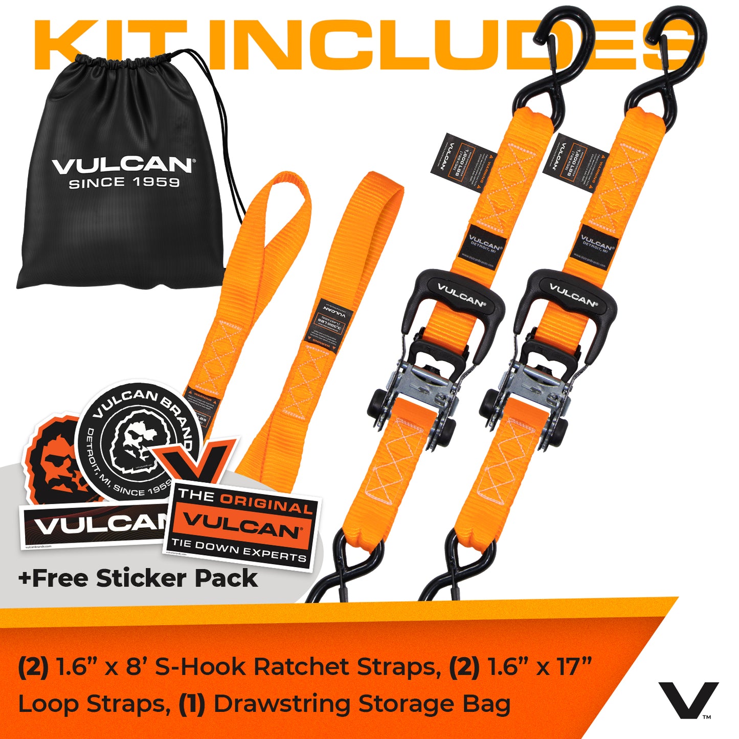 VULCAN Ratchet Strap Tie Down Kit - 1.6" x 8' - 3X Stronger Than 1" Tie Downs - Orange - (2) Ratchets With Rubber Handles, (2) 8' Straps With Latching S-Hooks, (2) Soft Loop Tie-Down Extensions