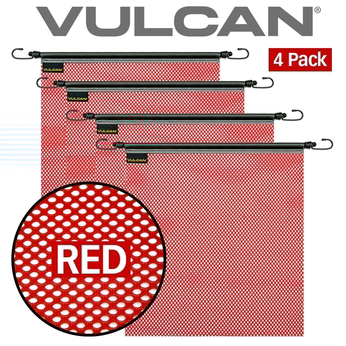 VULCAN Red Safety Flag With Stretch Cord For Wide And Oversize Load Marking (18'' x 18'' - Mesh Construction - Pack of 4)