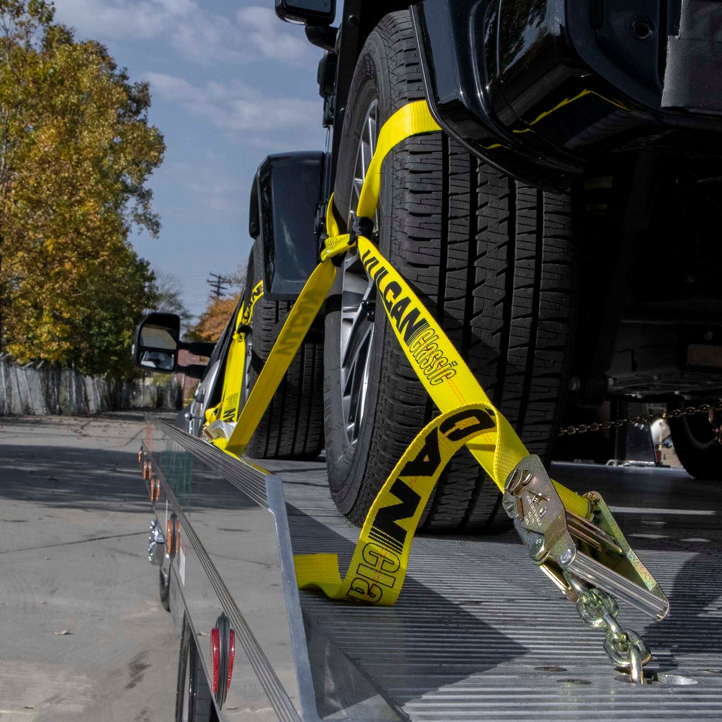 VULCAN 8-Point Roll Back Vehicle Tie Down Kit with Snap Hook on Strap Ends and Chain Tail on Ratchet Ends - Set of 4 - Classic Yellow