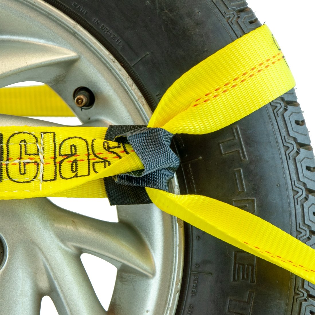 VULCAN 8-Point Roll Back Vehicle Tie Down Kit with Snap Hook on Strap Ends and Chain Tail on Ratchet Ends - Set of 4 - Classic Yellow