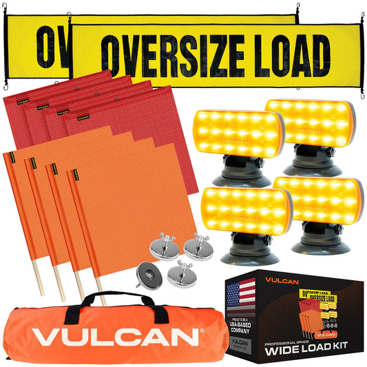 VULCAN Flags, Oversize Load Banners, and Magnets Kit - Includes 2 Stretch Cord Oversize Load Banners, 4 Magnets, 4 Red Flags, 4 Orange Flags, 4 Amber Flashers, and A Vented Storage Bag