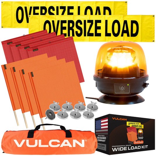 VULCAN Pilot Car Kit - Includes 2 Solid Oversized Load Banners, 1 Magnetic Amber Remote-Control LED Beacon, 8 Magnets, 4 Red Flags, and 4 Orange Flags