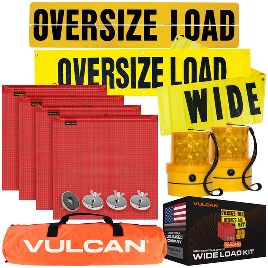 VULCAN Wide Load Kit - Includes (1) 12x72" Oversize Load Sign, (2) 14x72" Reversible Wide Load/Oversize Load Signs, (4) Wire Loop Flags, (4) Flag Magnets, And (2) FREE Amber Beacons