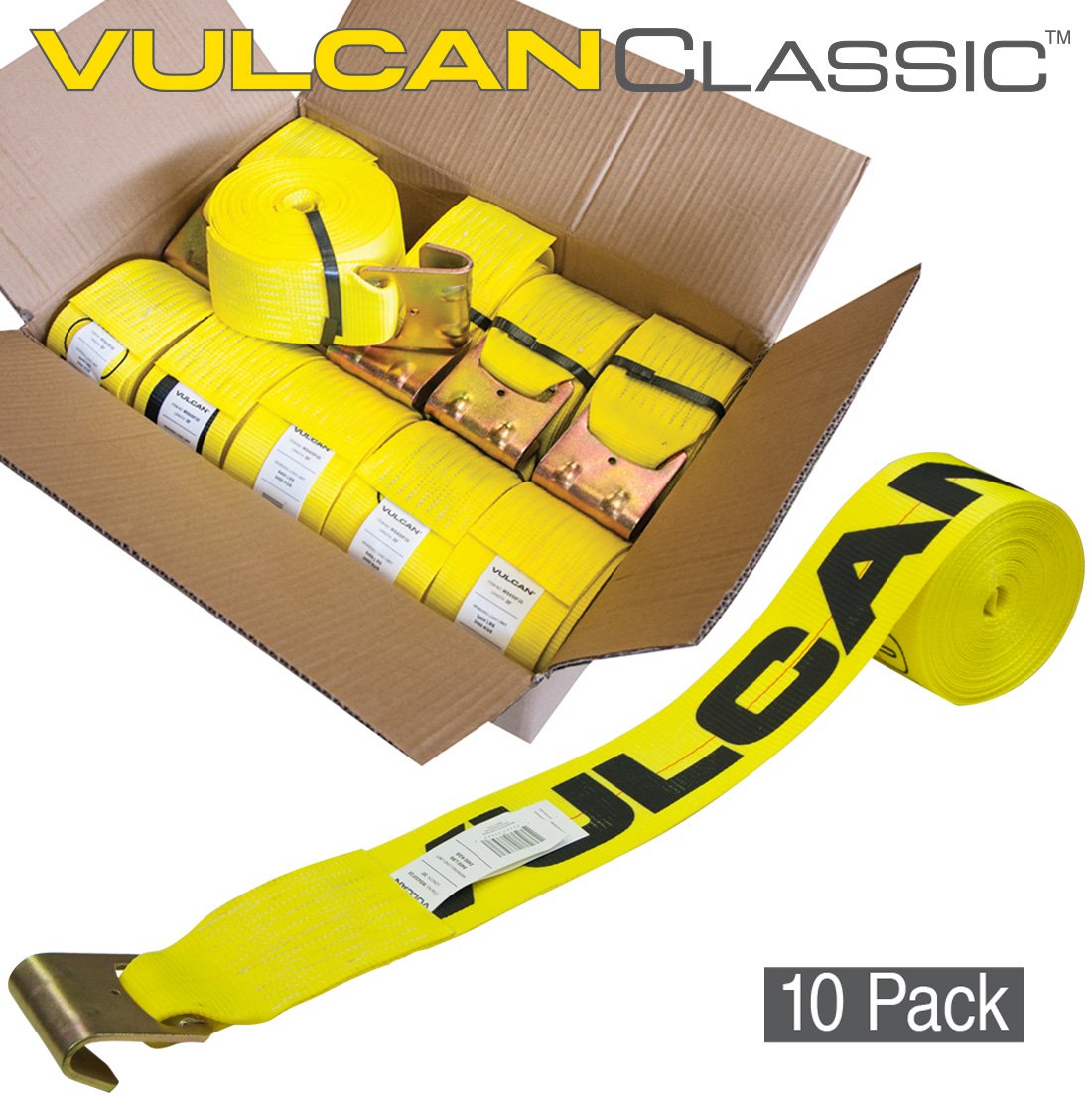 VULCAN Winch Strap with Flat Hook - 4 Inch x 30 Foot - 10 Pack - 5,000 Pound Safe Working Load