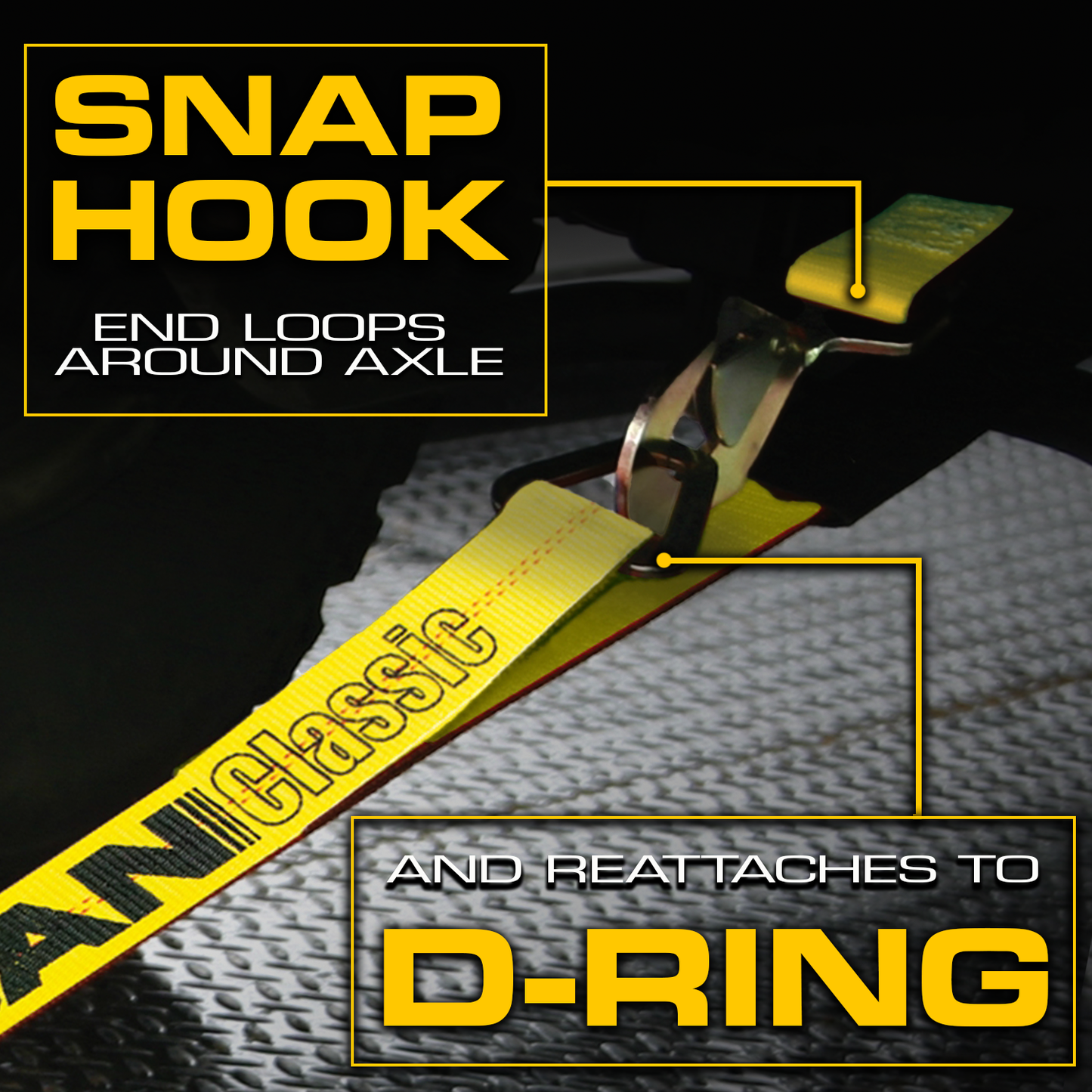 VULCAN Axle Tie Down Combo Strap - Chain Tail Ratchet - 2 x 114 Inch - 4 Pack - Classic Yellow - 3,300 Pound Safe Working Load