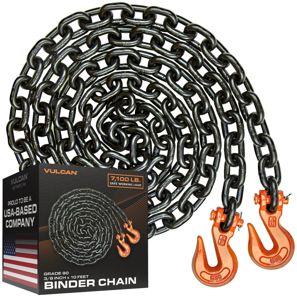 VULCAN Binder Chain Tie Down with Grab Hooks - Grade 80 - 3/8 Inch x 20 Foot - 7,100 Pound Safe Working Load