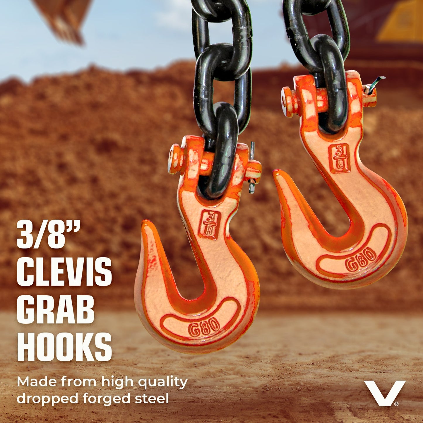 VULCAN Binder/Safety Chain with Clevis Grab Hooks - Grade 80 - 3/8 Inch x 10 Foot - 7,100 Pound Safe Working Load