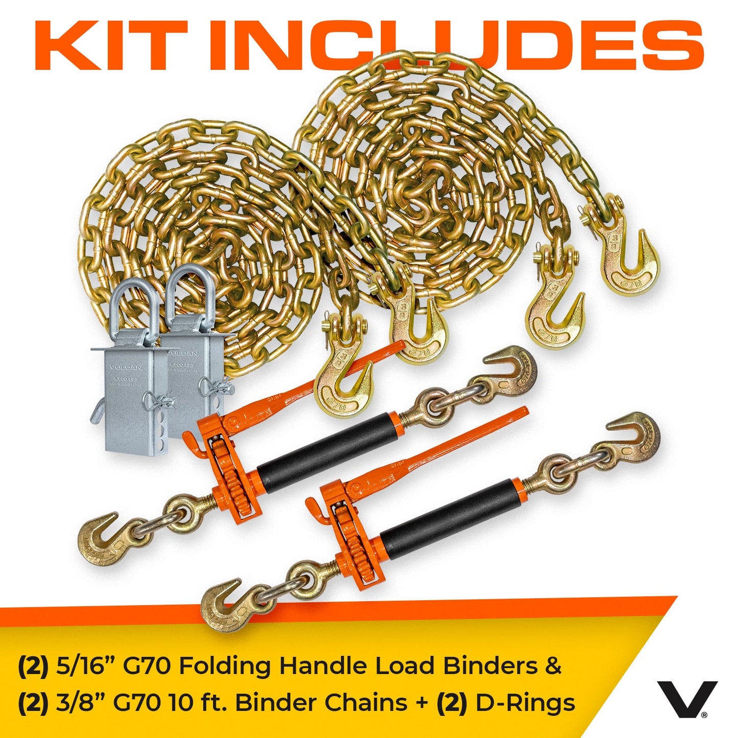 VULCAN Chain, Load Binder, and D Ring Kit - (2) Grade 70 ⅜”x10” Chains, (2) Folding Handle Load Binders, (2) D Rings - 4,700 Pound Safe Working Load