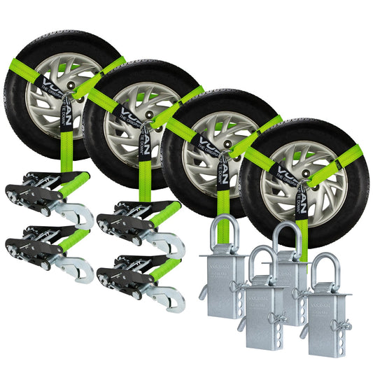 VULCAN Snap Hook Vehicle Tie Down Kits with Heavy Duty Stake Pocket D Rings - Lasso Style - High-Viz