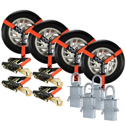 VULCAN Snap Hook Vehicle Tie Down Kits with Heavy Duty Stake Pocket D Rings - Lasso Style - Proseries
