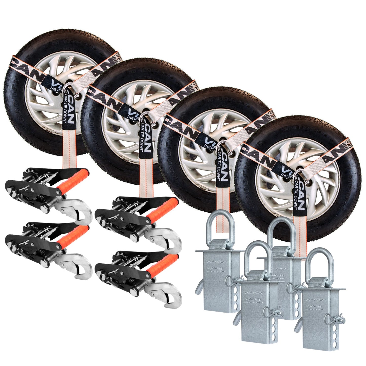 VULCAN Snap Hook Tie Down Kits with Heavy Duty Stake Pocket D Rings - Lasso Style - Silver Series