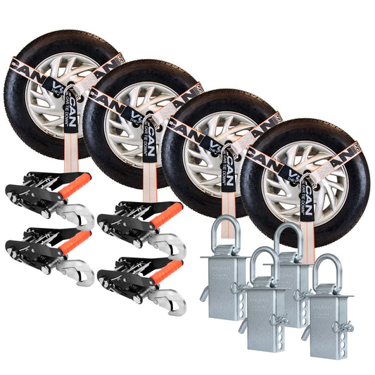 VULCAN Snap Hook Tie Down Kits with Heavy Duty Stake Pocket D Rings - Lasso Style - Silver Series