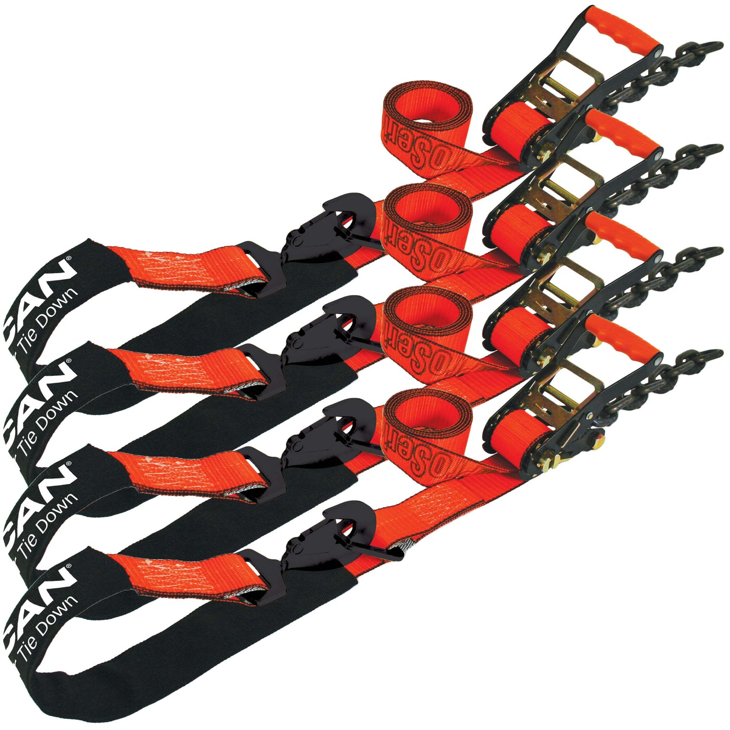 VULCAN Axle Tie Down Combo Straps with Chain Tail Ratchet - 2 Inch x 114 Inch - 4 Pack - 3,300 Pound Safe Working Load