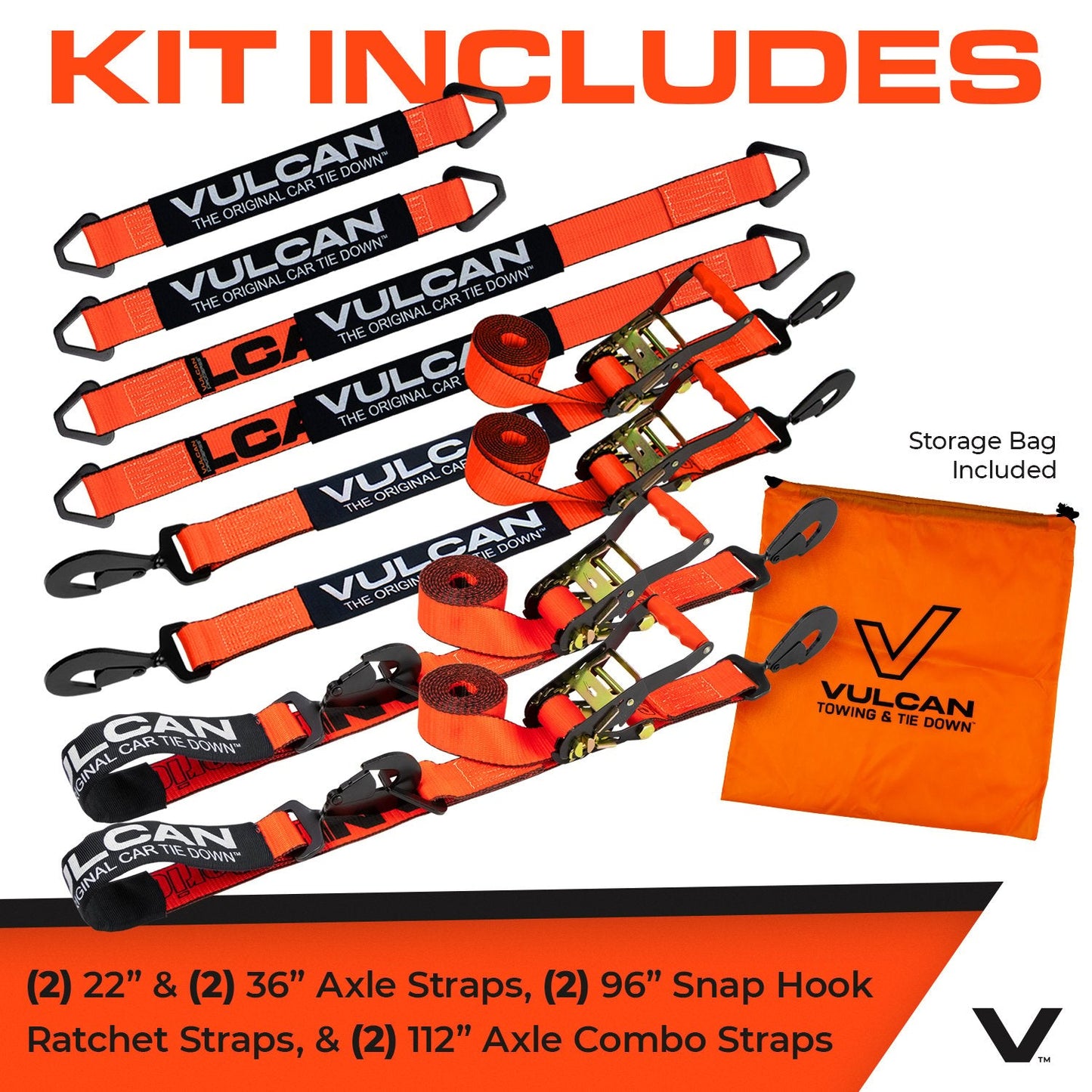 VULCAN Ultimate Axle Tie Down Kit - Heavy Duty Optic Orange ProSeries Webbing - Includes (2) 22 Inch And (2) 36 Inch Axle Straps, (2) 96 Inch Snap Hook Ratchet Strap, And (2) 112 Inch Loop Tie Down Combinations