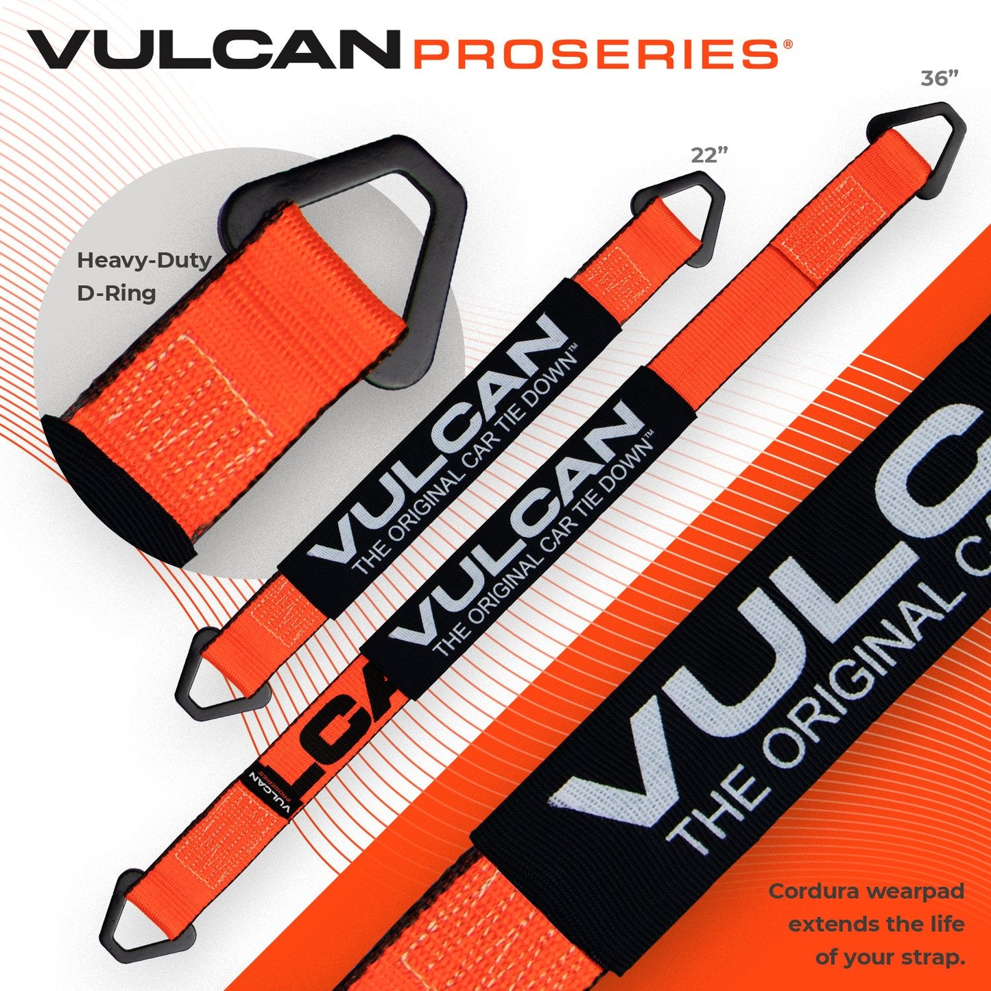VULCAN Ultimate Axle Tie Down Kit - Heavy Duty Optic Orange ProSeries Webbing - Includes (2) 22 Inch And (2) 36 Inch Axle Straps, (2) 96 Inch Snap Hook Ratchet Strap, And (2) 112 Inch Loop Tie Down Combinations