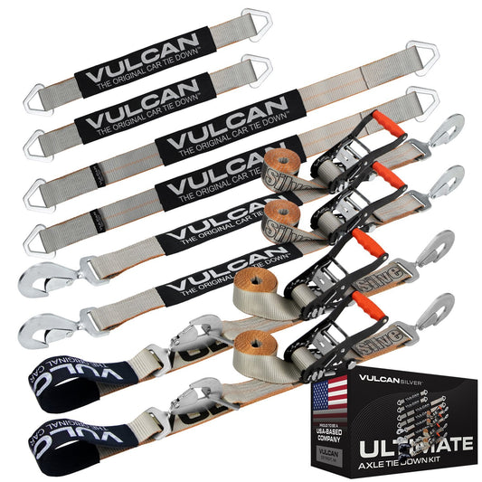 VULCAN Ultimate Axle Tie Down Kit - Silver Series Webbing - Includes (2) 22 Inch And (2) 36 Inch Axle Straps, (2) 96 Inch Snap Hook Ratchet Strap, And (2) 112 Inch Loop Tie Down Combinations