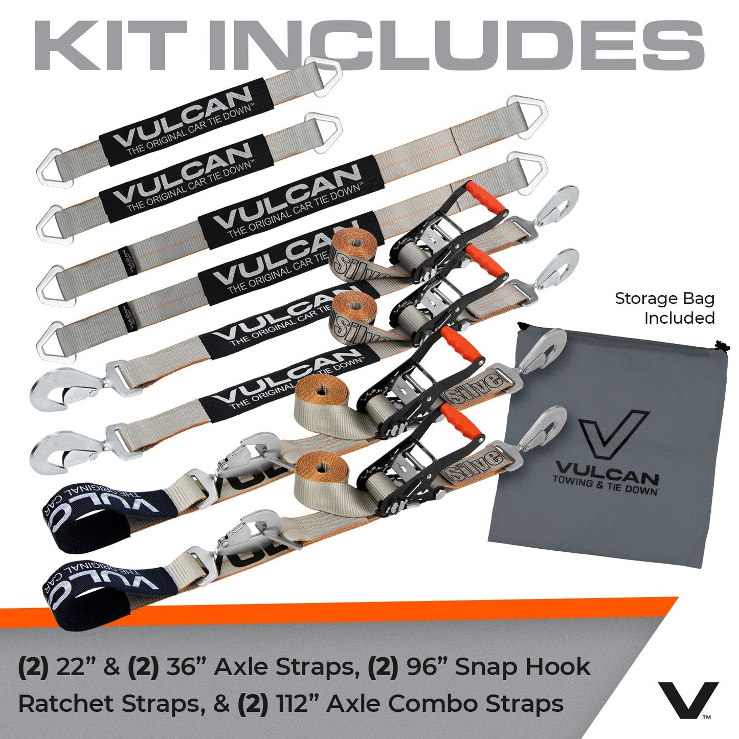 VULCAN Ultimate Axle Tie Down Kit - Silver Series Webbing - Includes (2) 22 Inch And (2) 36 Inch Axle Straps, (2) 96 Inch Snap Hook Ratchet Strap, And (2) 112 Inch Loop Tie Down Combinations