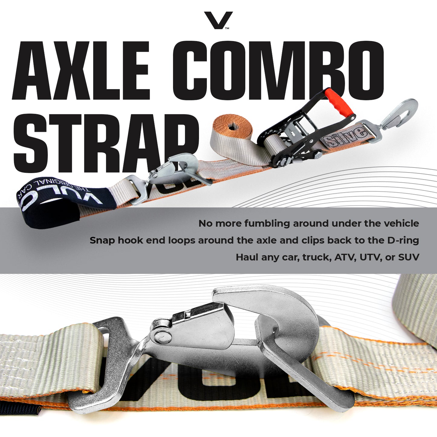 VULCAN Ultimate Axle Tie Down Kit - Silver Series - Includes (2) 22 Inch Axle Straps, (2) 36 Inch Axle Straps, (2) 96 Inch Snap Hook Ratchet Straps, and (2) 112 Inch Axle Tie Down Combination Straps