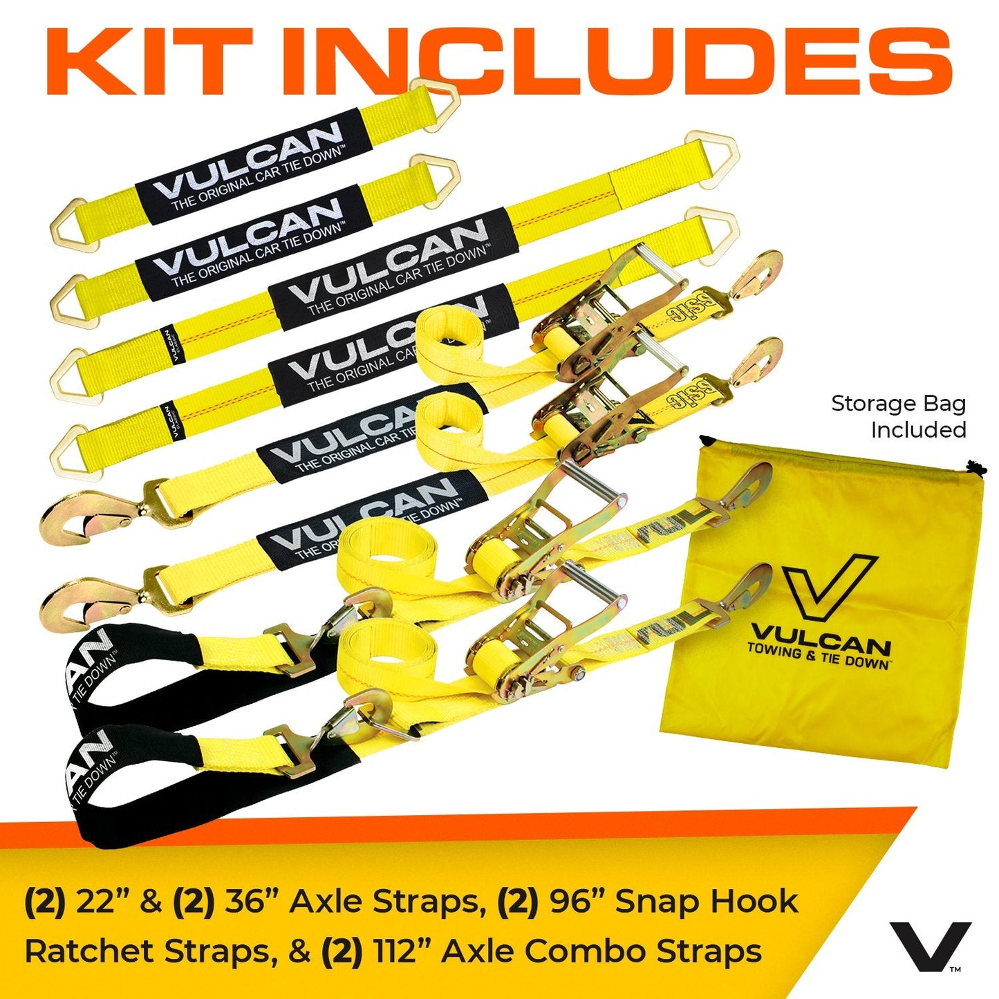 VULCAN Ultimate Axle Tie Down Kit - Classic Yellow Webbing - Includes (2) 22 Inch And (2) 36 Inch Axle Straps, (2) 96 Inch Snap Hook Ratchet Strap, And (2) 112 Inch Loop Tie Down Combinations