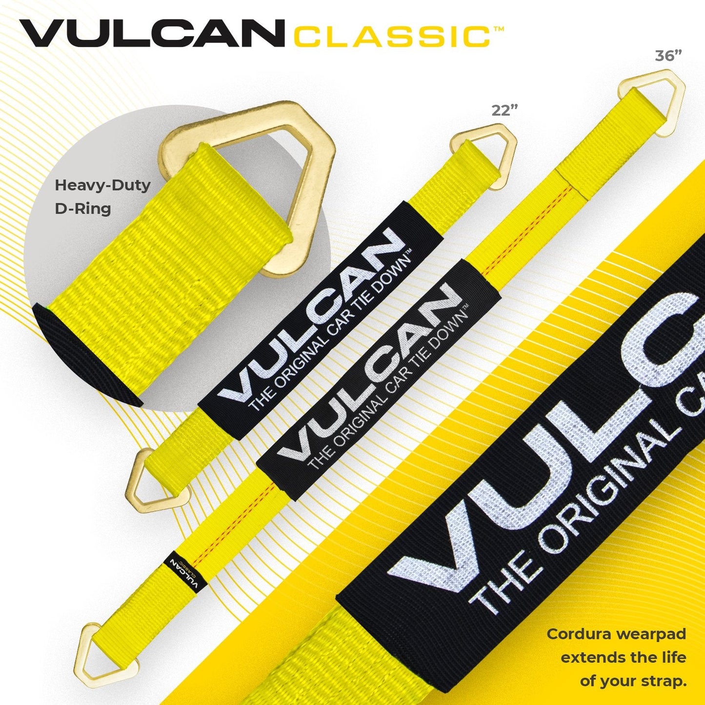 VULCAN Ultimate Axle Tie Down Kit - Classic Yellow Webbing - Includes (2) 22 Inch And (2) 36 Inch Axle Straps, (2) 96 Inch Snap Hook Ratchet Strap, And (2) 112 Inch Loop Tie Down Combinations