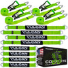 VULCAN Complete Axle Strap Tie Down Kit with Wire J-Hook Ratchet Straps - Heavy Duty High-Viz Green Reflective Webbing - Includes (4) 22 And (4) 36 Inch Axle Tie Downs, And (4) 8' Wire Hook Straps