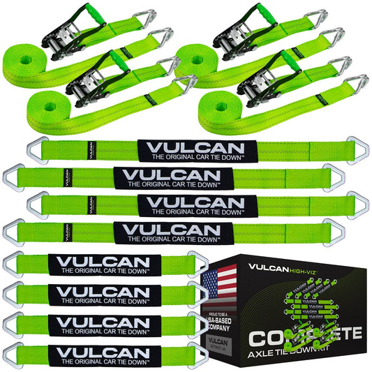 VULCAN Complete Axle Strap Tie Down Kit with Wire J-Hook Ratchet Straps - Heavy Duty High-Viz Green Reflective Webbing - Includes (4) 22 And (4) 36 Inch Axle Tie Downs, And (4) 8' Wire Hook Straps