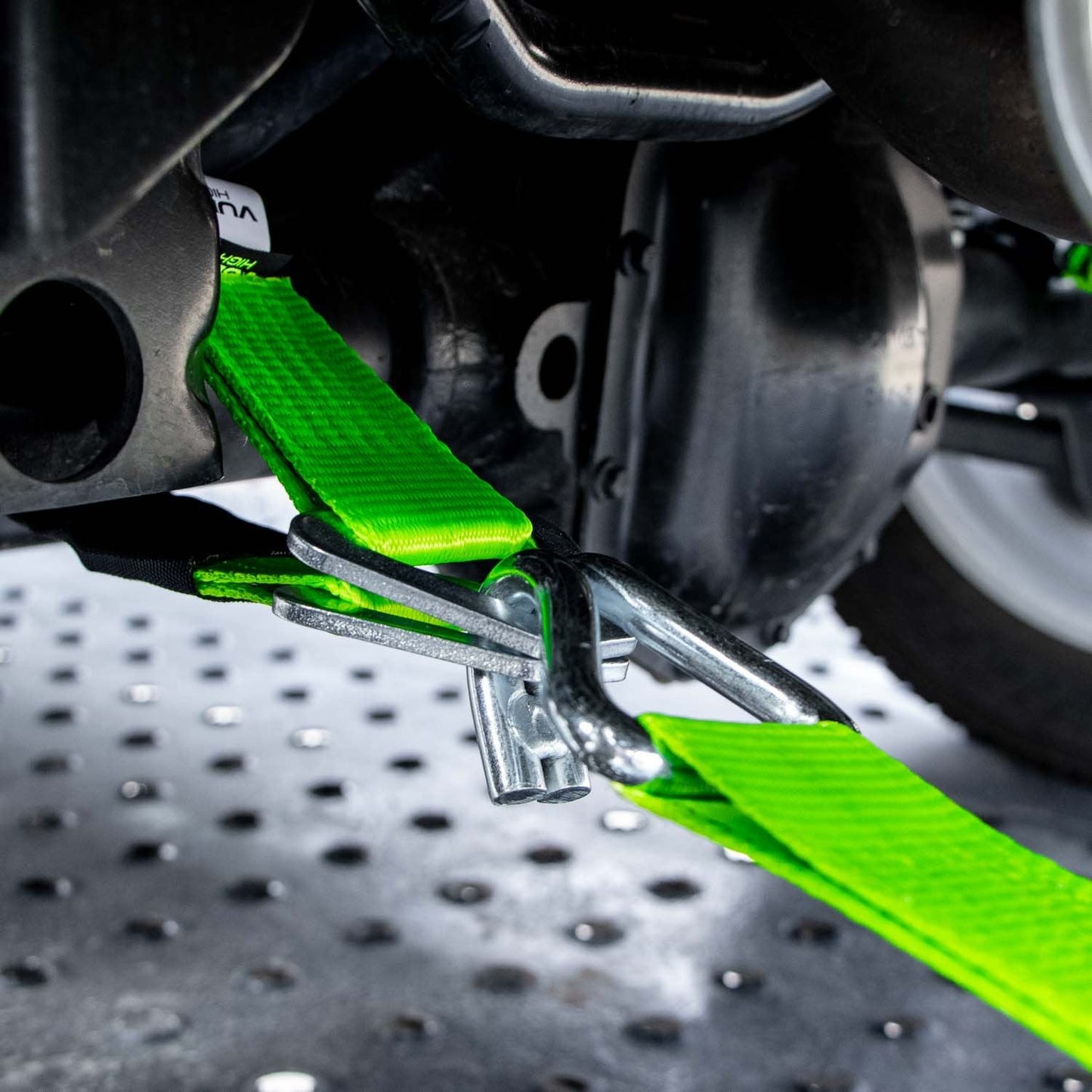 VULCAN Complete Axle Strap Tie Down Kit with Wire J-Hook Ratchet Straps - Heavy Duty High-Viz Green Reflective Webbing - Includes (4) 22 And (4) 36 Inch Axle Tie Downs, And (4) 8' Wire Hook Straps
