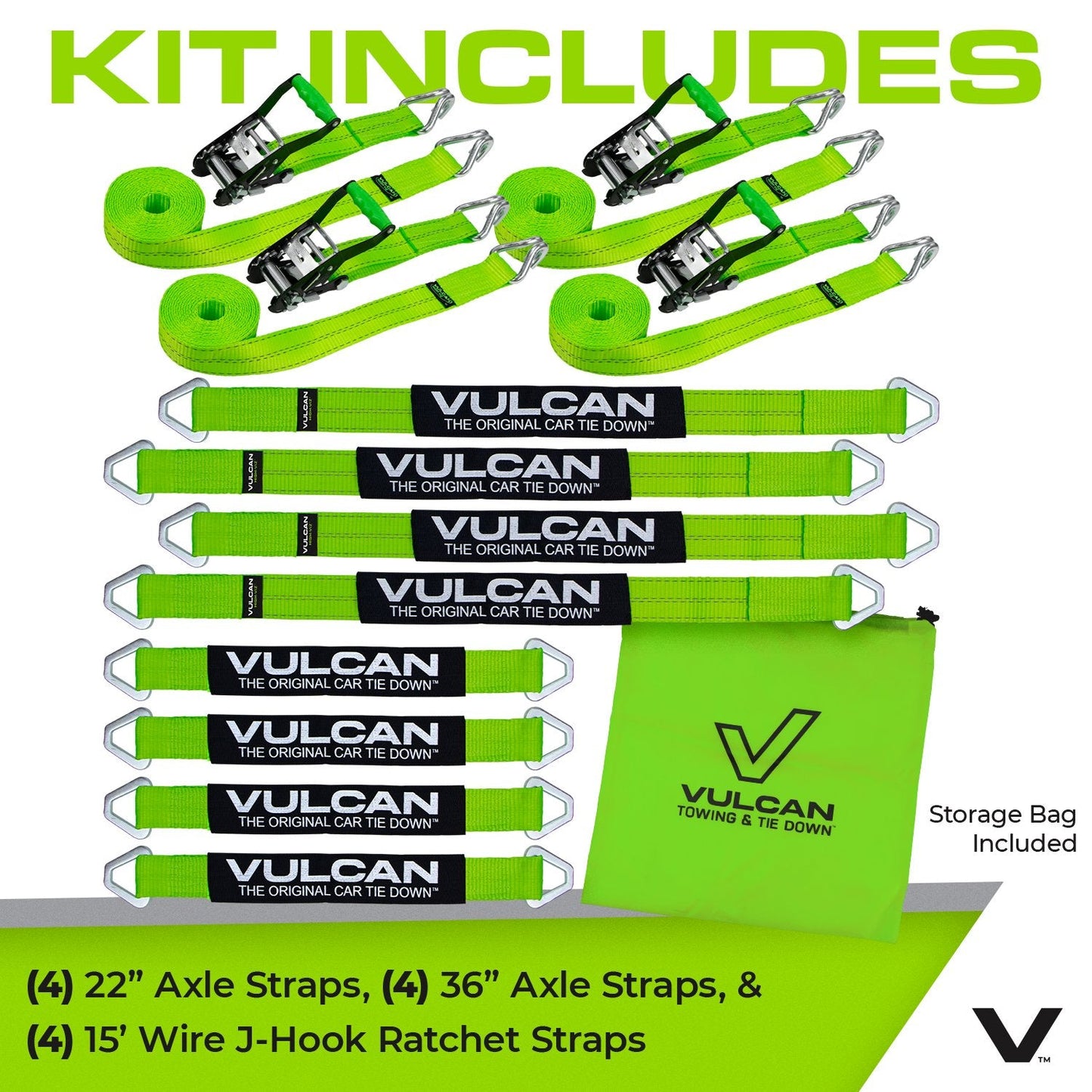 VULCAN Complete Axle Strap Tie Down Kit with Wire J-Hook Ratchet Straps - Heavy Duty High-Viz Green Reflective Webbing - Includes (4) 22 And (4) 36 Inch Axle Tie Downs, And (4) 8' Wire Hook Straps
