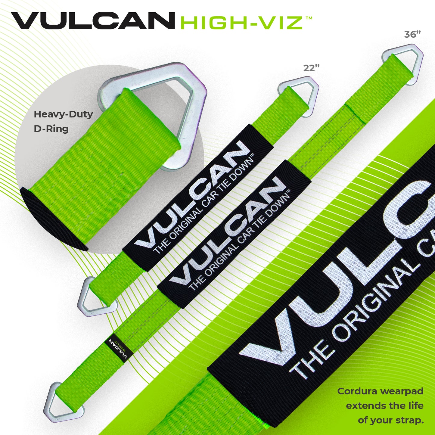 VULCAN Complete Axle Strap Tie Down Kit with Wire Hook Ratchet Straps - High-Viz - Includes (4) 22 Inch Axle Straps, (4) 36 Inch Axle Straps, and (4) 15' Wire J Hook Ratchet Straps