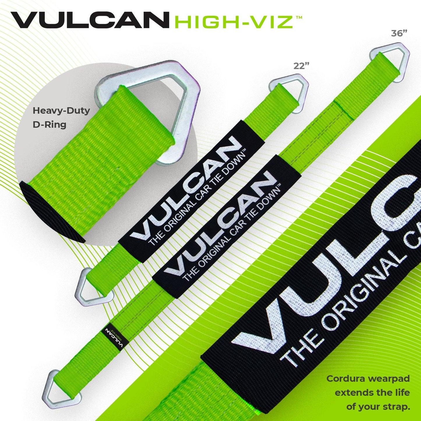 VULCAN Complete Axle Strap Tie Down Kit with Wire J-Hook Ratchet Straps - Heavy Duty High-Viz Green Reflective Webbing - Includes (4) 22 And (4) 36 Inch Axle Tie Downs, And (4) 8' Wire Hook Straps