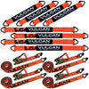 VULCAN Complete Axle Strap Tie Down Kit with Wire J-Hook Ratchet Straps - Heavy Duty Optic Orange ProSeries Webbing - Includes (4) 22 And (4) 36 Inch Axle Tie Downs, And (4) 8' Wire Hook Straps
