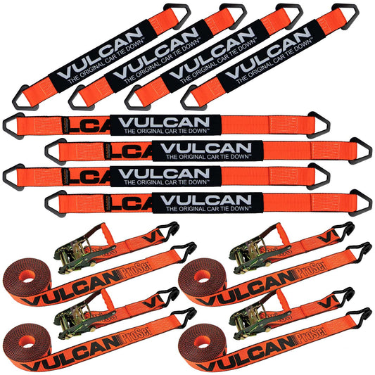 VULCAN Complete Axle Strap Tie Down Kit with Wire J-Hook Ratchet Straps - Heavy Duty Optic Orange ProSeries Webbing - Includes (4) 22 And (4) 36 Inch Axle Tie Downs, And (4) 8' Wire Hook Straps