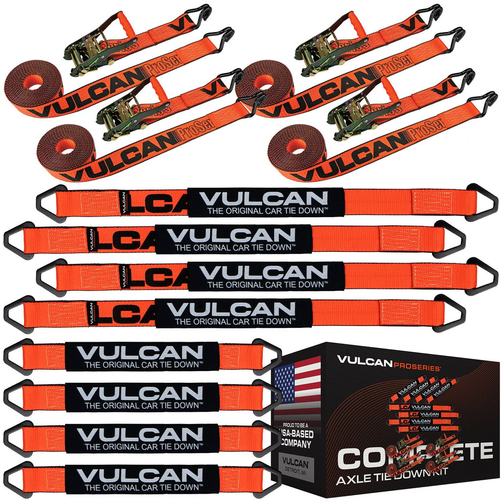 VULCAN Complete Axle Strap Tie Down Kits with Wire Hook Ratchet Straps - Include (4) 22 Inch Axle Straps, (4) 36 Inch Axle Straps, and (4) 15' Wire J Hook Ratchet Straps
