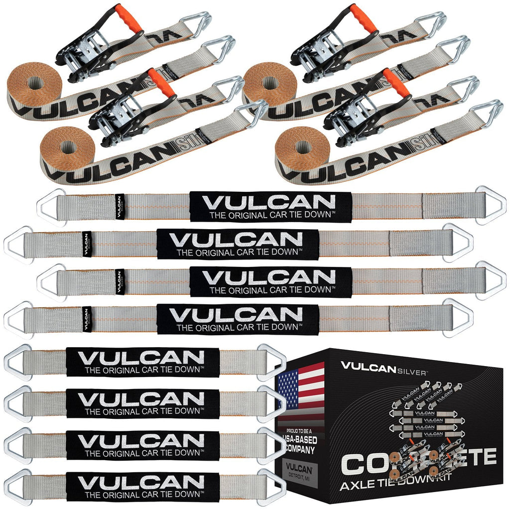 VULCAN Complete Axle Strap Tie Down Kits with Wire Hook Ratchet Straps - Include (4) 22 Inch Axle Straps, (4) 36 Inch Axle Straps, and (4) 15' Wire J Hook Ratchet Straps