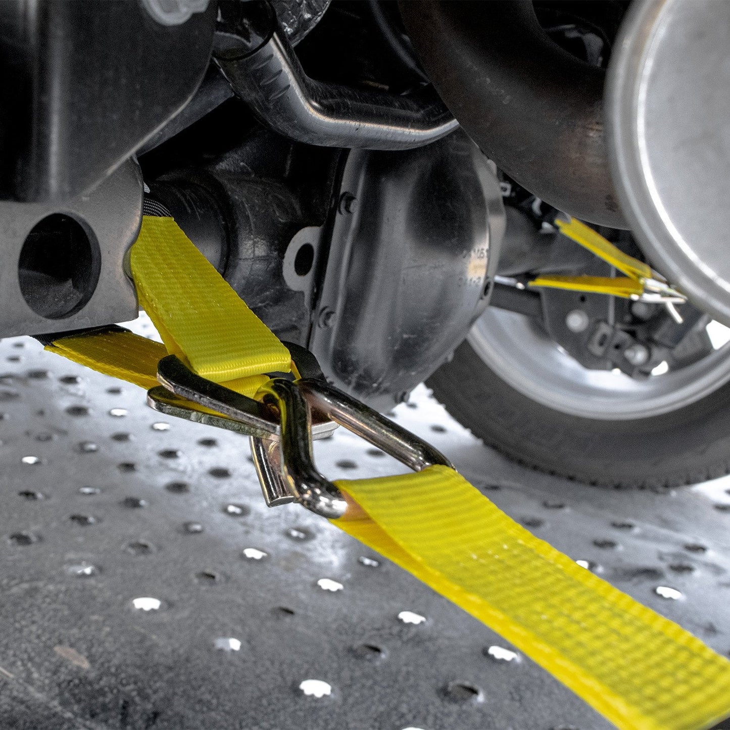 VULCAN Complete Axle Strap Tie Down Kit with Wire J-Hook Ratchet Straps - Classic Yellow Webbing - Includes (4) 22 And (4) 36 Inch Axle Tie Downs, And (4) 8' Wire Hook Straps