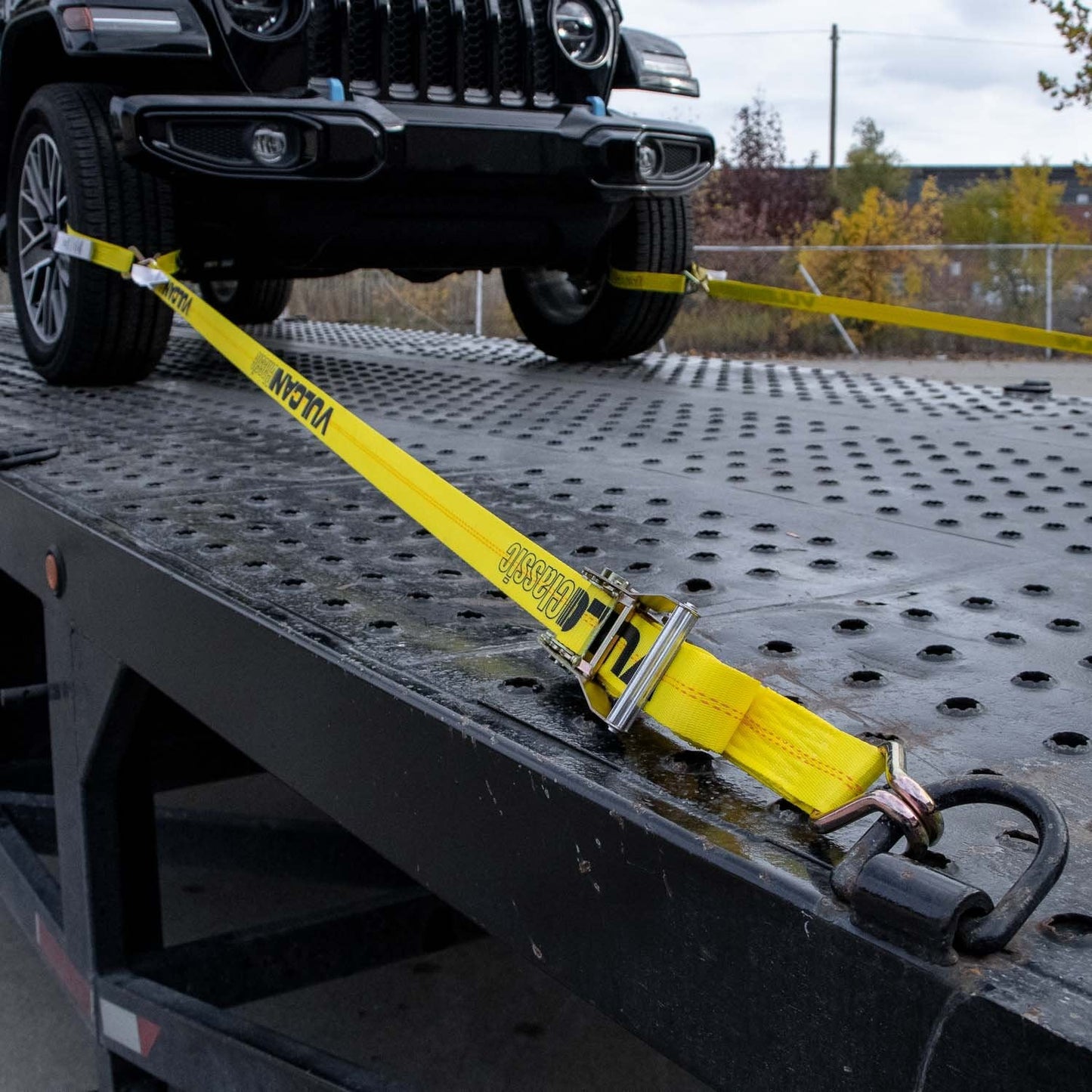 VULCAN Complete Axle Strap Tie Down Kit with Wire J-Hook Ratchet Straps - Classic Yellow Webbing - Includes (4) 22 And (4) 36 Inch Axle Tie Downs, And (4) 8' Wire Hook Straps