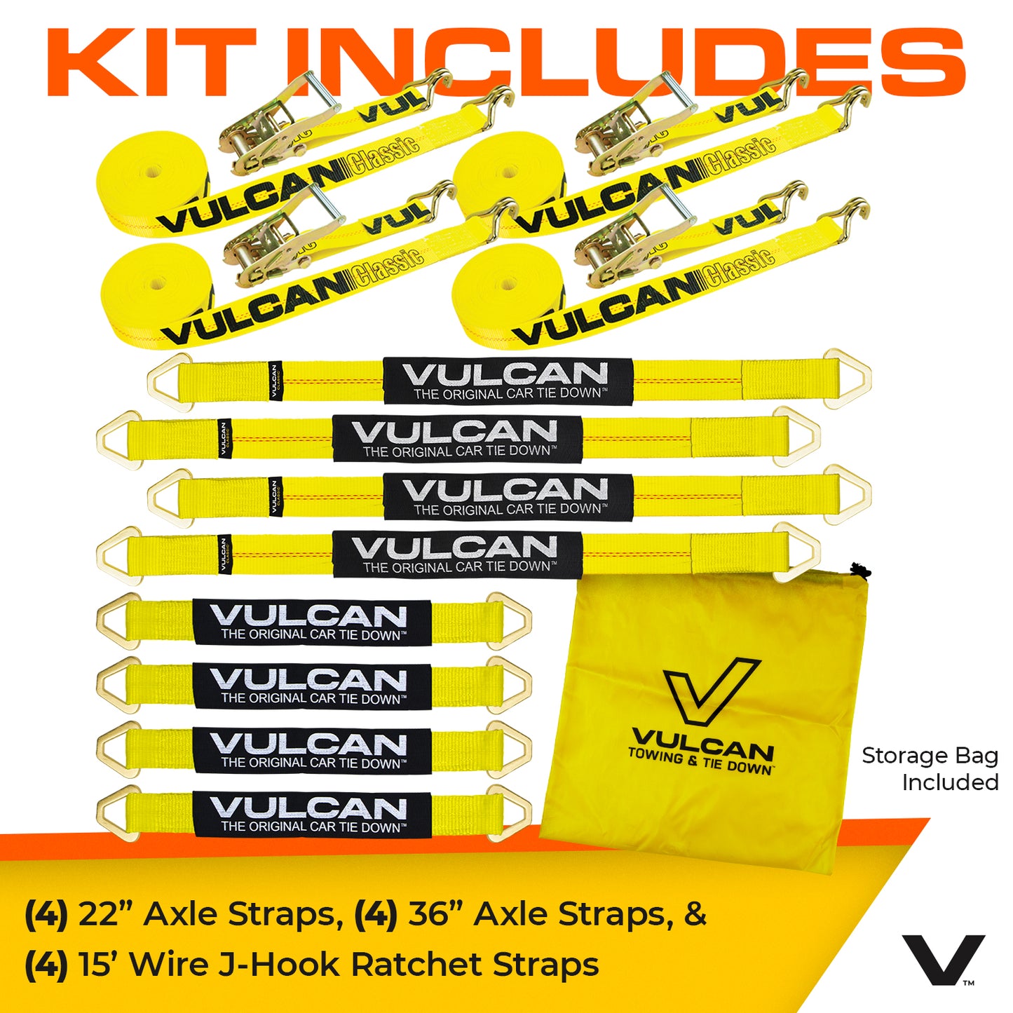 VULCAN Complete Axle Strap Tie Down Kit with Wire Hook Ratchet Straps - Classic Yellow - Includes (4) 22 Inch Axle Straps, (4) 36 Inch Axle Straps, and (4) 15' Wire J Hook Ratchet Straps