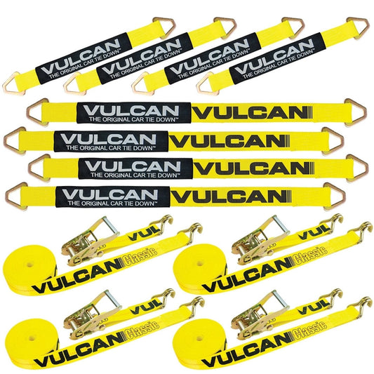 VULCAN Complete Axle Strap Tie Down Kit with Wire J-Hook Ratchet Straps - Classic Yellow Webbing - Includes (4) 22 And (4) 36 Inch Axle Tie Downs, And (4) 8' Wire Hook Straps